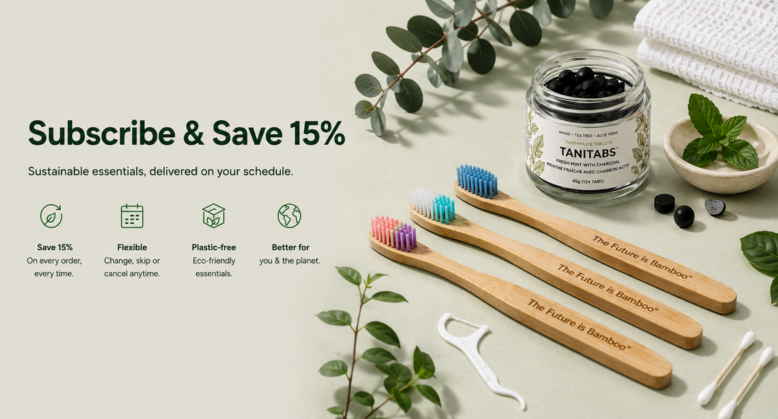 TANITABS toothpaste tablets in a glass jar with bamboo toothbrushes